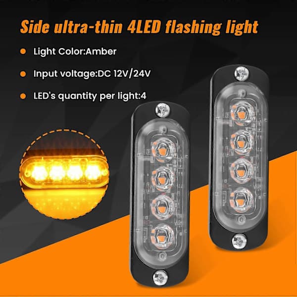 4st 4 LED Bärgningsljus Bärgningsljus 12V 24V Orange Grill Nödblixt