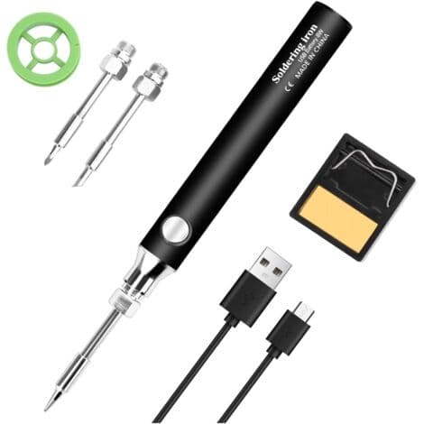 Sort metal loddekolbesæt, USB genopladelig, med 3 loddekolbespidser.