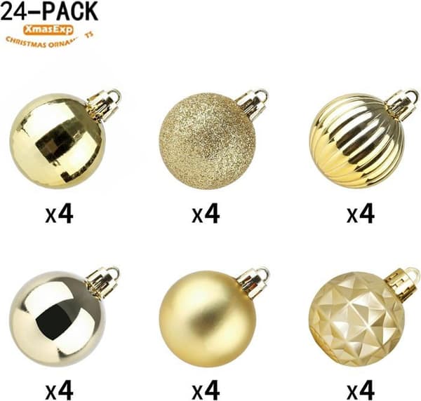 Sæt med 24 ubrydelige julekugler til julepynt, 6 cm (guld)