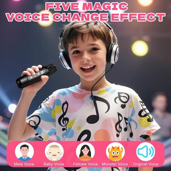 Karaokesæt til børn med 2 trådløse mikrofoner, bærbare karaokemikrofoner, Bluetooth karaokelegetøj med stemmeforvrænger og LED-lys