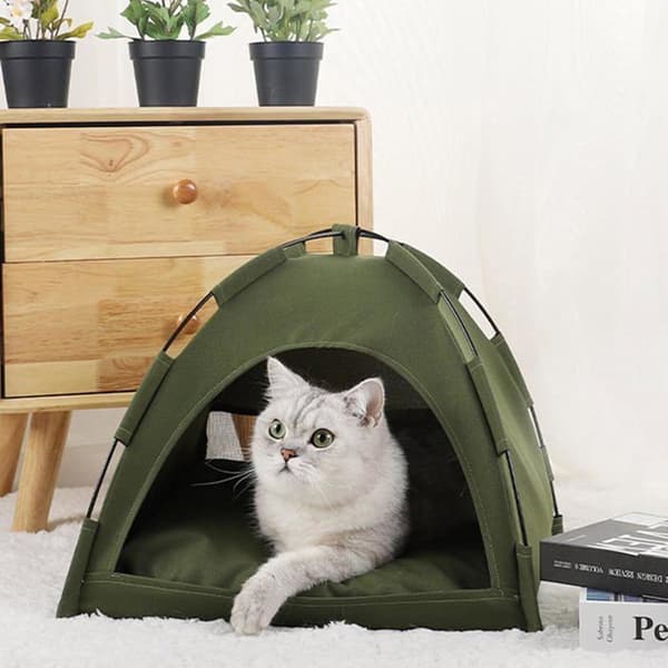 Tipi Chat, Husdjurstältbo, Vikbart Hundbo, med Golvmatta, Halvstängt Katttält (Grön-L)
