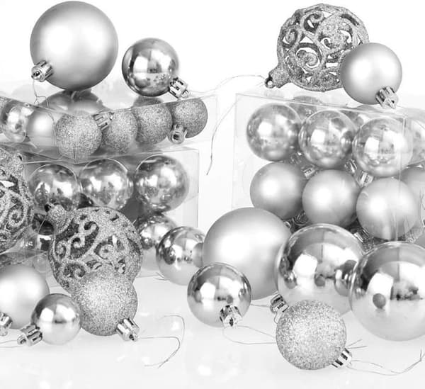 Sæt med 100 robuste julekugler i plast til indendørs og udendørs julepynt til træet, sølv
