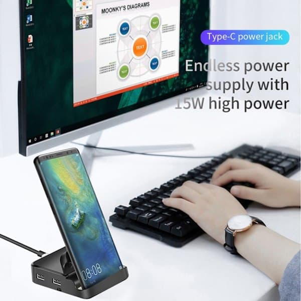 USB-C Hub Dockingstation Telefonholder Dex Pad Station USB-C Kompatibel Dock Strømoplader Kit