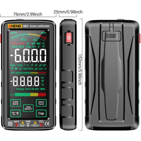 Digitalt multimeter med touchscreen, manuel og automatisk dobbeltfunktion, spænding, strøm, modstand, kapacitans, temperaturmåling, multifunktion