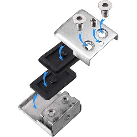Sæt med 4 glasklemmer i 304 rustfrit stål – Glastykkelse 8 til 10 mm – Satinpoleret finish – Borefri installation