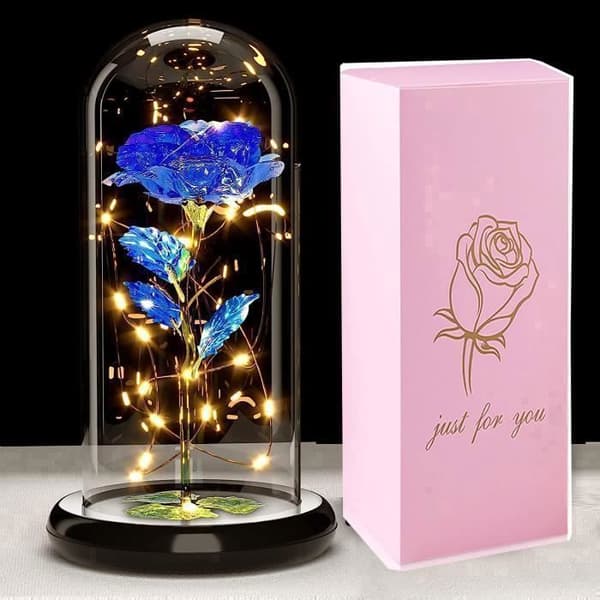 Evig Rose under Kuppel, Galaxy Rose med LED-lys, Lysende Roseblomster, Kunstig Rosegave, Blå
