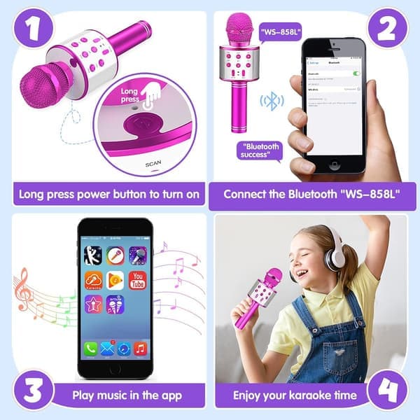 Trådløs Bluetooth-mikrofon for barn, karaokemikrofon for Android/iPhone/iPad/Sony/PC - Beste gaver til jenter/gutter i alderen 4-12 år (rosa)