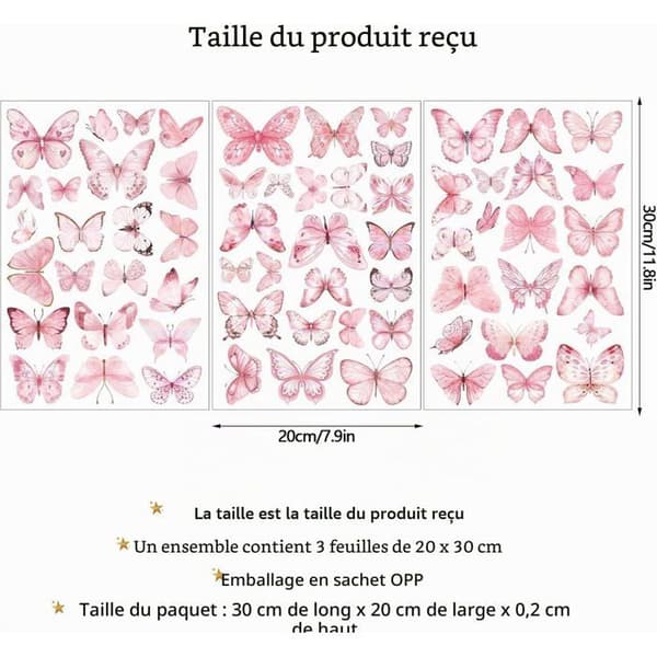 1 stk selvlysende rosa sommerfuglveggklistremerker for barn, jenter, stue, barnerom, blå