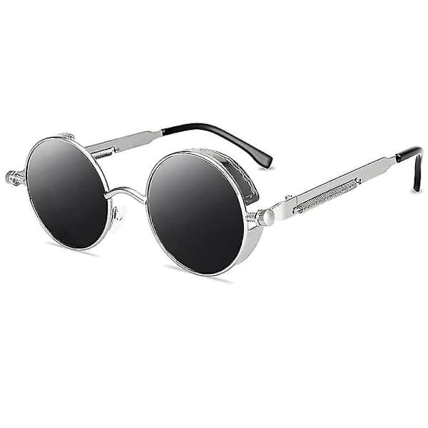 Vintage polariserede Steampunk runde solbriller til mænd, stilfulde Silver Frame Grey Lenses