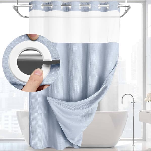Dubbelskikts duschdraperi utan krokar – 180×190 cm – bikakemönster – med innerfoder – halvtransparent voilefönster – magnetisk botten Blue