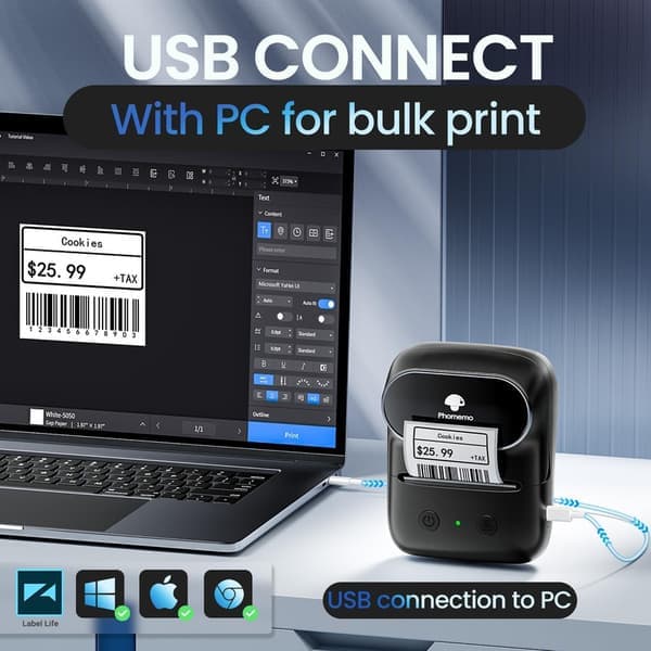 Lollanda Multifunktionsprinter, Mini Termisk Printer med 1 Rulle Etiketbånd - Bærbar Bluetooth Etiketprinter 11,4x8,7x5,9 cm