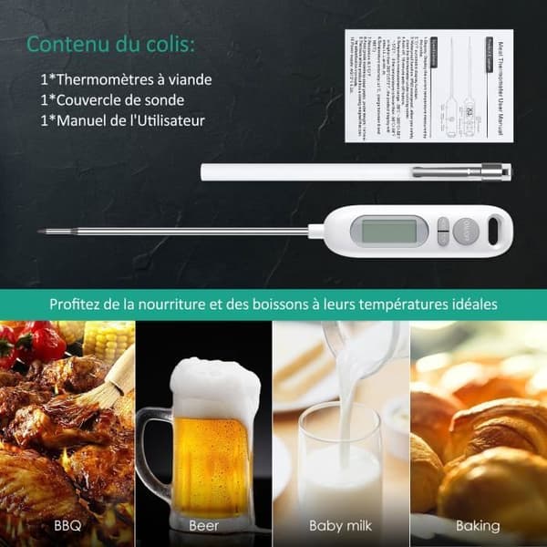 Matlagningstermometer, digital kökstermometer med lång sond och LCD-skärm - Vit