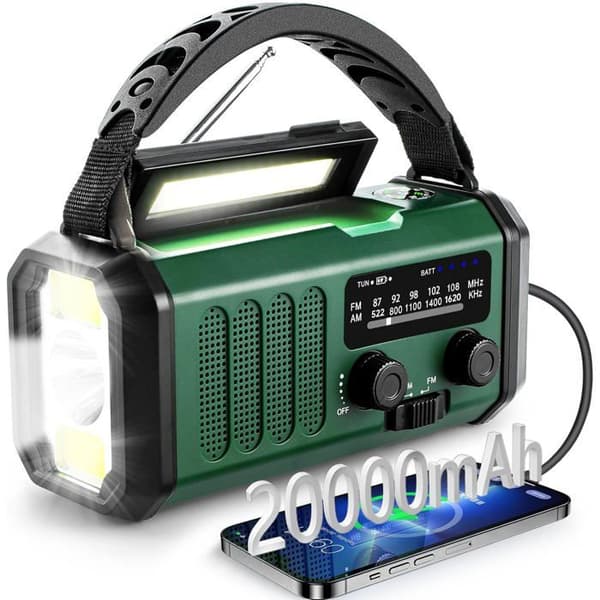 Nødradio Overlevelsesradio Solenergi Overlevelse 20000mAh Multifunksjon AM/FM, Telefonlader Håndsveiv Nødlampe, Grønn