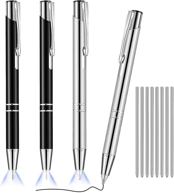 4 stykker selvlysende metal kuglepenne med LED-lys, sort blæk