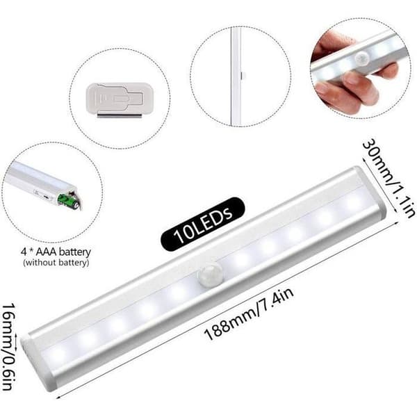 Sæt med 3 LED-lys med bevægelsessensor, indendørs belysning til garderobe, 10 LED trådløs spotlys