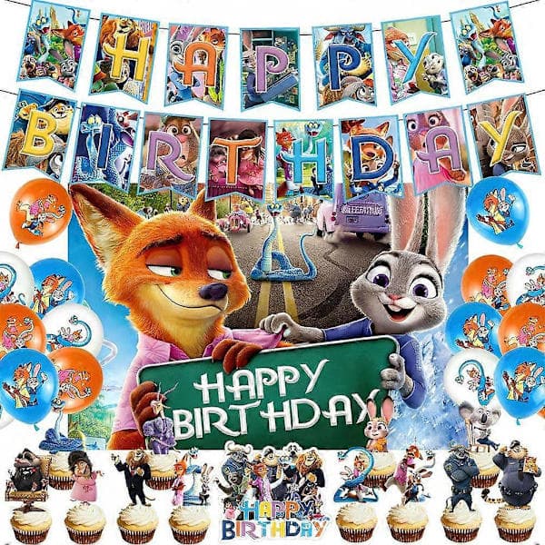Zootopia Festdekoration Sæt 2-pak Banner Balloner Kagepynt Baggrund A A