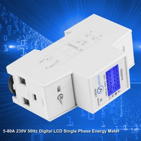 Digital energimåler 5-80A 230V – Baggrundsbelyst LCD-display – 35 mm DIN-skinne montering – Strømforbrugsindikator – DDS015