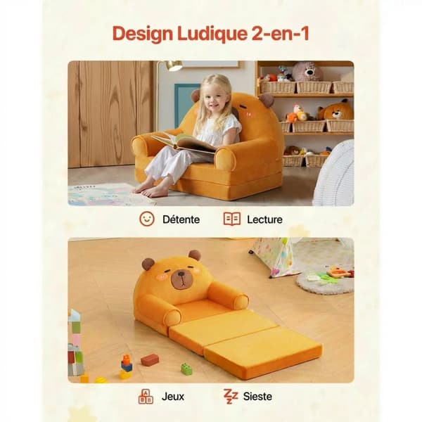 2-i-1 foldbar børnesofa Capybara - Kan foldes ud til en seng, blødt sæde, ideel til et børneværelse - Ergonomisk design