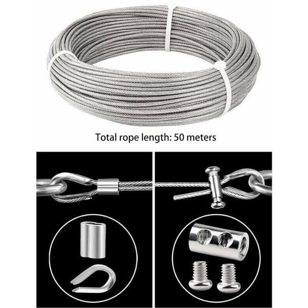 3 mm rustfrit stålkabel, 50 m længde, belagt rustfrit ståltov med kabelbindere, M3-muffer, ståløjer, flere farver