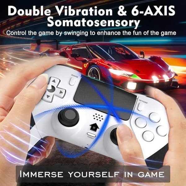 Trådløs Controller til PS-4, Spilcontroller Kompatibel med P4/Pro/Slim, med Dobbelt Vibration, 6-akset Gyroskopisk Sensor, Hvid