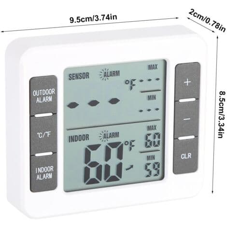 Trådlös digital frystermometer med inomhus-/utomhustemperatursensor och hörbart larm
