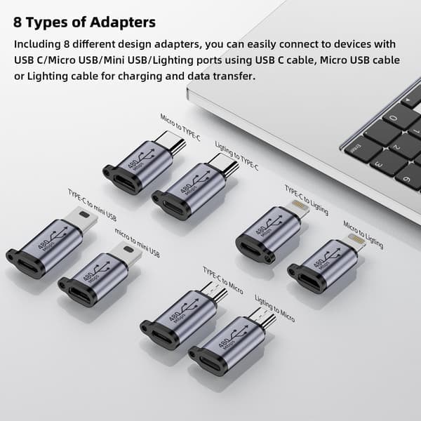 USB C till Micro USB Adapter, Typ C/Micro USB Hona till Lightning Hane Konverterare, Micro USB till USB C Förlängare (8-Pack)