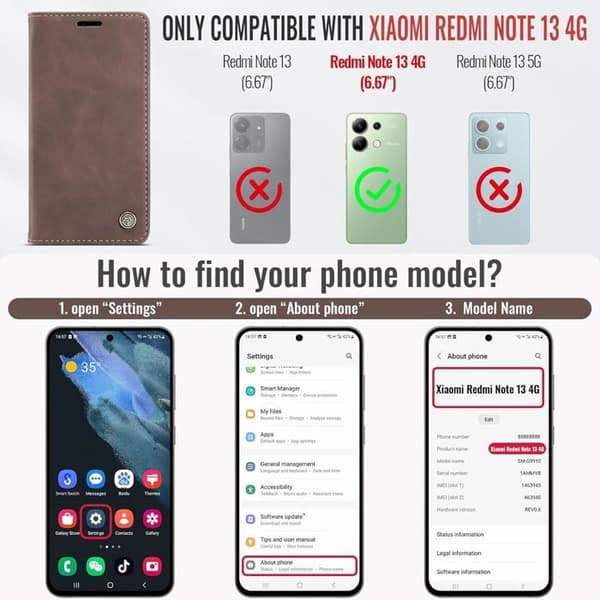 Fodral för Xiaomi Redmi Note 13 Pro 4G Premium Läderfodral Flip Plånboksfodral Kortplatser Magnetisk, Kaffe Brown Redmi Note 13 Pro
