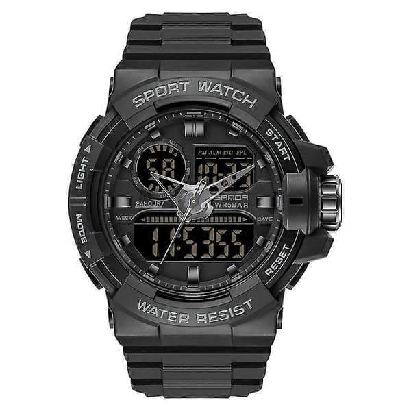SANDA 6025 Dual Time Digital Display Vattentät Kvarts Klocka Helt Svart