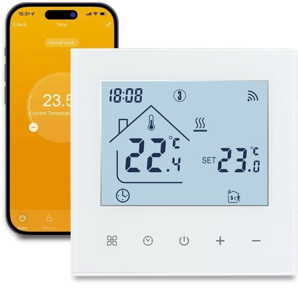 WiFi Smart Termostat, Intelligent Romtermostat, Trådløs Programmerbar Termostat, Hvit