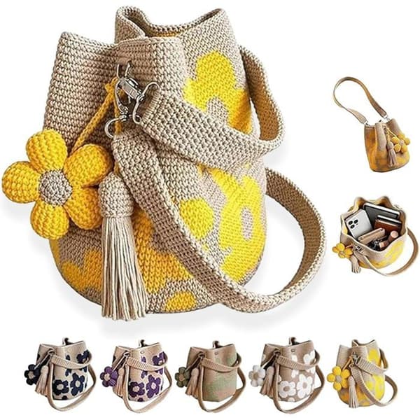 Hæklede tasker til kvinder Håndlavede hæklede blomstertasker Blomsterstrikket taske Boho hæklede tasker til strand, rejser (gul)