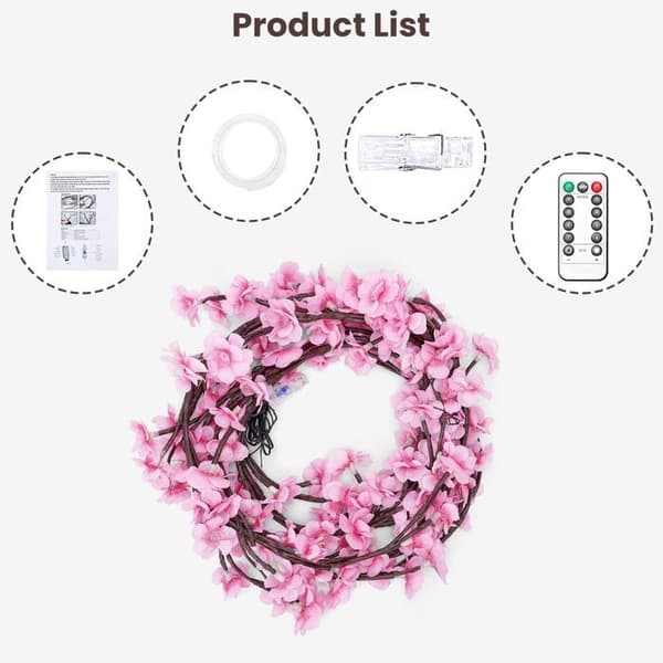 LED-ljusslinga i persikoblomform, utrustad med 48 LED-pärlor, 8 ljuslägen (160 cm - vit)