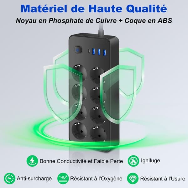 Strømuttak med bryter - UPLAYTECK - 12 uttak - 8 EU-uttak - 3 USB-A-porter - 1 USB-C-port