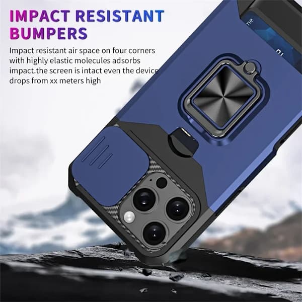 Kortplats Armor Funda för iPhone 16 15 Pro Max Plus Skjutbart Linsskydd Telefonfodral med Magnetisk Hållarring iPhone16 iPhone16
