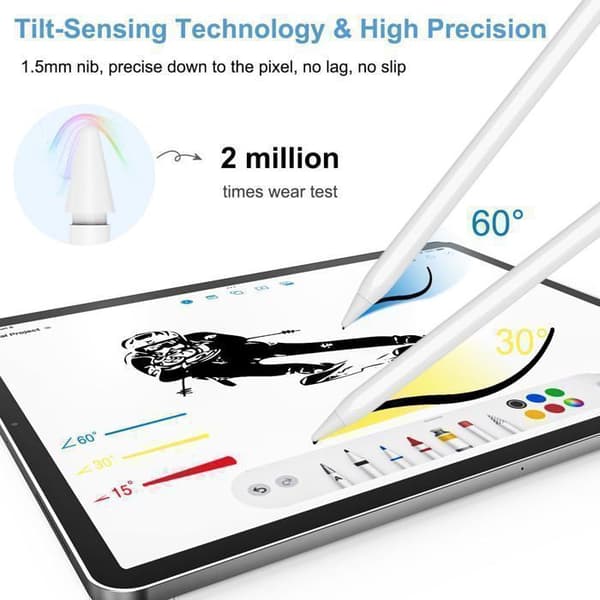 Touch Stylus til iPad (2018-2026), Pixelnøjagtighed, Hældnings- og Håndfladeafvisning, til Android, iPad osv., Hvid
