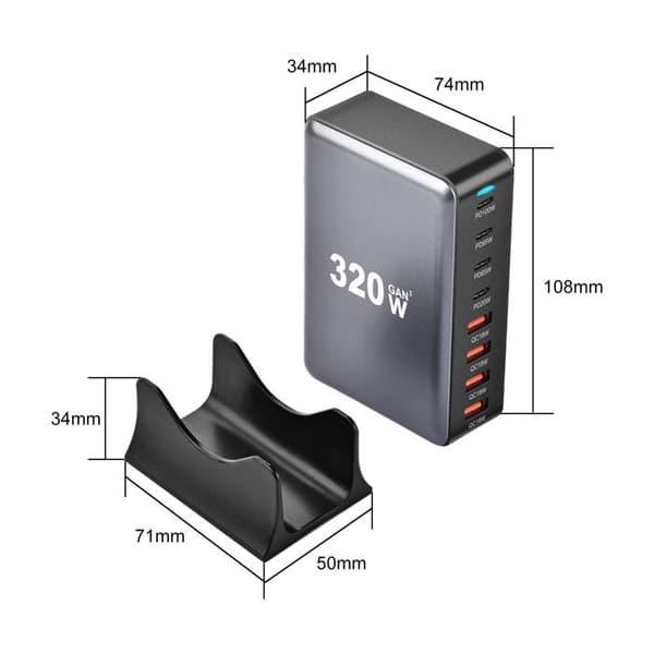320W USB C Multi-lader, 8 porter GaN III Tech Hurtiglader Stasjon med 4A +4C USB-strømskinne, Grå
