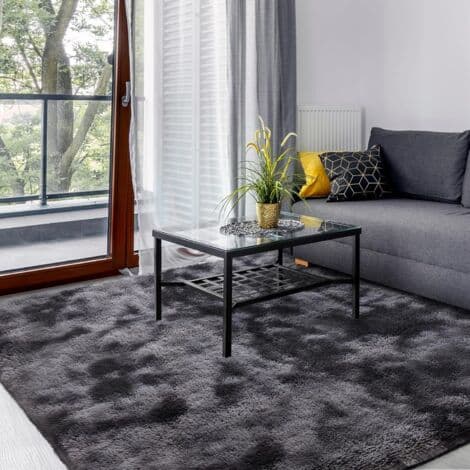 Tvättbar, halkfri ryamatta 160x230 cm – Lång lugg polyester – Optimal komfort för vardagsrum, sovrum, hall – Mörkgrå