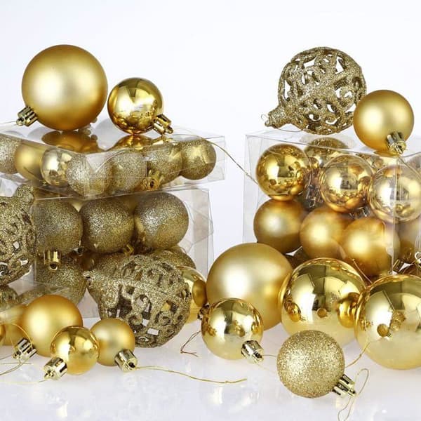Sæt med 100 robuste julekugler i plast til indendørs og udendørs julepynt til træer, guld