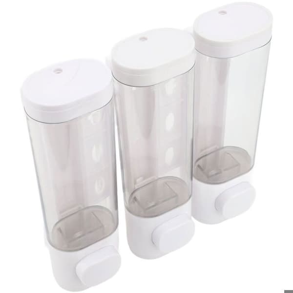 3-i-1 300 ml tryckbar tvåldispenser, väggmonterad för badrum, dusch, schampo, balsam