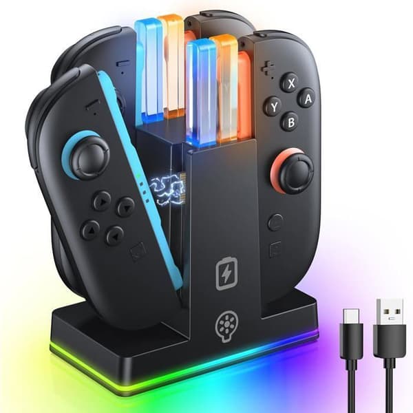 RGB Controlleroplader kompatibel med Switch, 2FASTSNAIL Opladningsstation til Joycon 2, Tilbehør til Switch 2, 9 tilstande