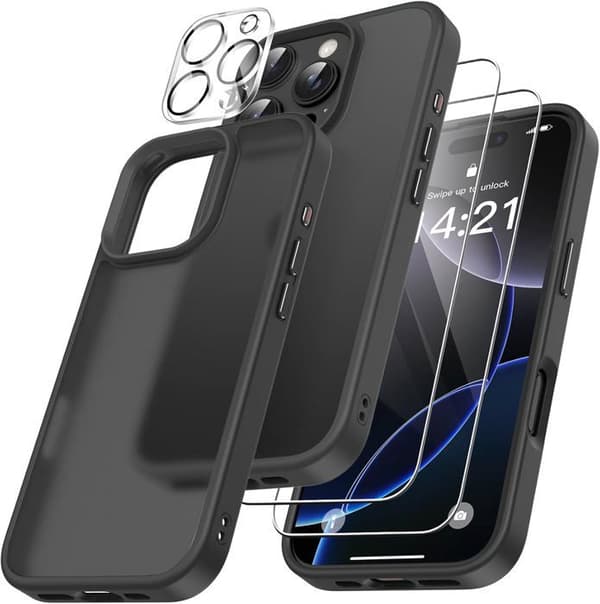 4 i 1 Cover til iPhone 16 Pro Max med 2 Hærdet Glas og 1 Kamerabeskyttelse, Etui til iPhone 16 Pro Max 6.9\", Sort