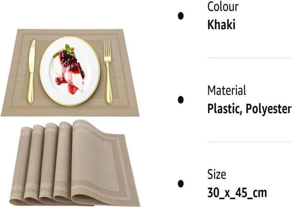 Sett med 5 varmebestandige og vaskbare PVC-bordbrikker
