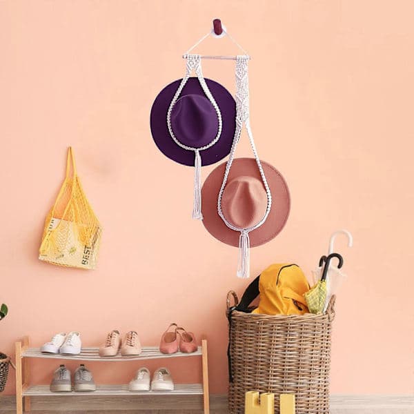 Makrame Hatteholder Boho Hatteholder Til Væg Boheme Kvinder Hattehylde Hat hvid 105cm