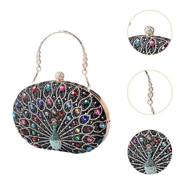 Påfugleformet Aftentaske Rhinestone Clutch til Kvinder Skuldertasker Diamant Pung Tasker Sort