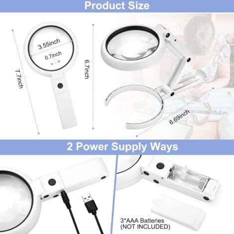 5X/11X belyst lupe med sammenleggbart stativ – 75 mm linsediameter – 8 justerbare LED-lys – USB- eller 3 AAA-batteridrevet
