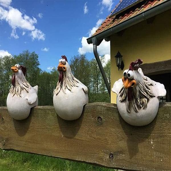 3-PAK - Sjove kyllingehegnsdekorationsstatuer til havetrapper