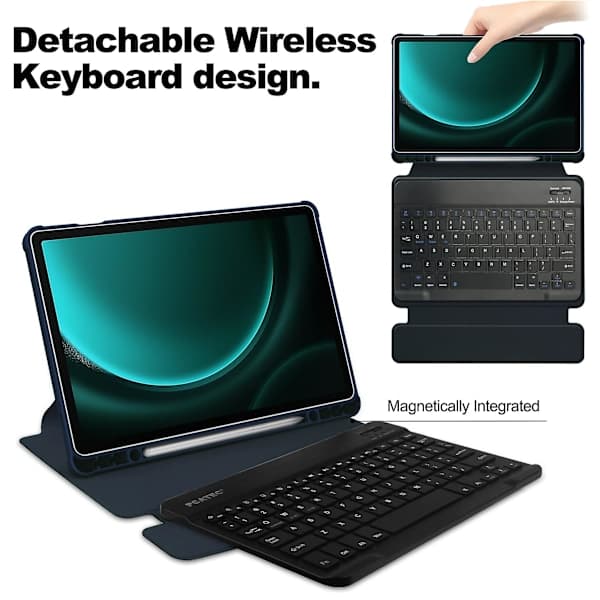 Etui til Samsung Galaxy Tab S9 FE Plus, med Bluetooth-tastatur og roterende stativ mørkeblå Dark Blue