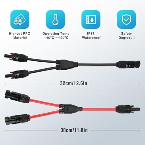 Y-stik til solpaneler – 30A 1000V DC solcellekabel – UV- og vandafvisende – Hurtig og nem installation