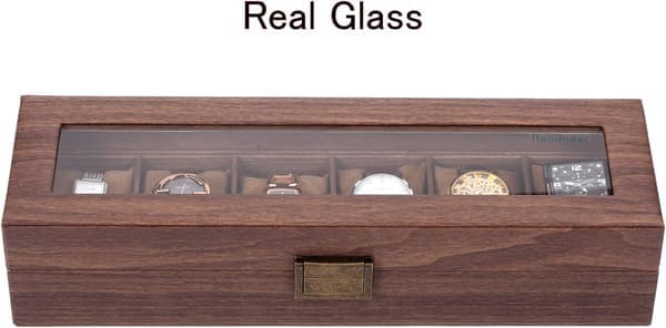 Etui til 6 ure/display/boks/opbevaring til ure i PU og træmønstret glas