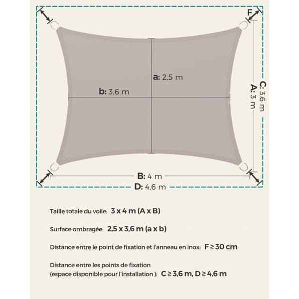 3 x 4 m solseil, vanntett, med en 665 mm vannsøyle, rivebestandig polyester solbeskyttelse, 2 tau