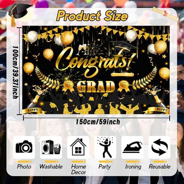 Studenterbaggrund, Graduationsfestdekoration, Sort Graduationsbanner, Graduationssæsonbanner, 150 * 100cm